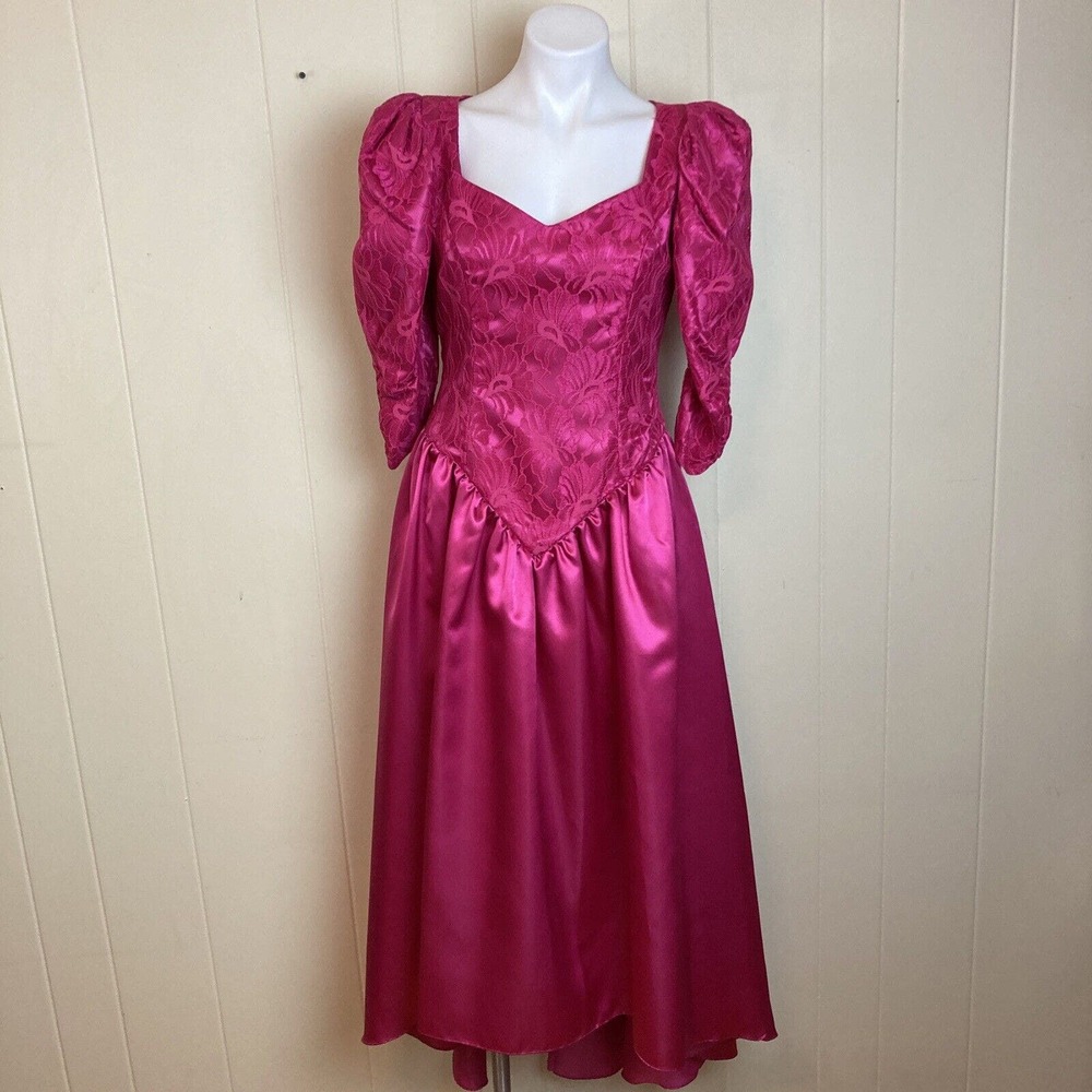 80s Vintage Prom Dress Small Bridesmaid Barbie Pink Lace Satin High Low Hem